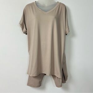 Zenana Taupe Lounge Set V Neck Top & Biker Shorts Small